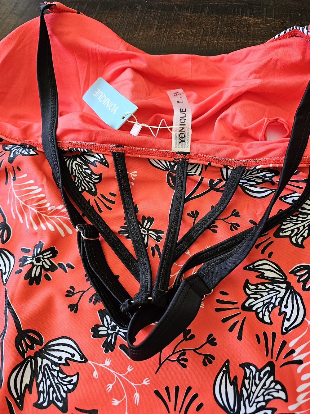 Younique Red Floral Tankini Top with Black Swim Shorts Set - Picture 6 of 12